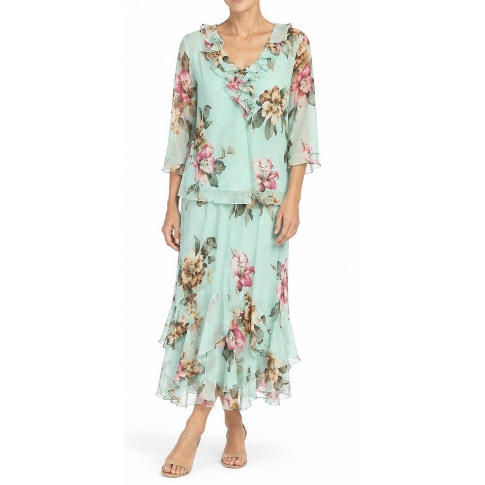 Papell Petites Blue Floral 100% Silk 2-pc Top & Midi Skirt Set